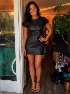 Designer Dixon Skin Tight Mini Little Black Dress Pleather Open Back Size M/L